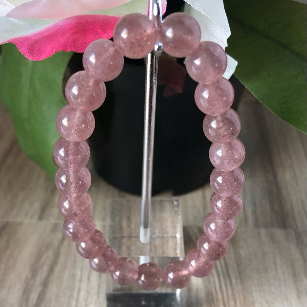 Strawberry Crystal Natural Stone Beads Stretchable Bracelet 7" - 8mm Beads